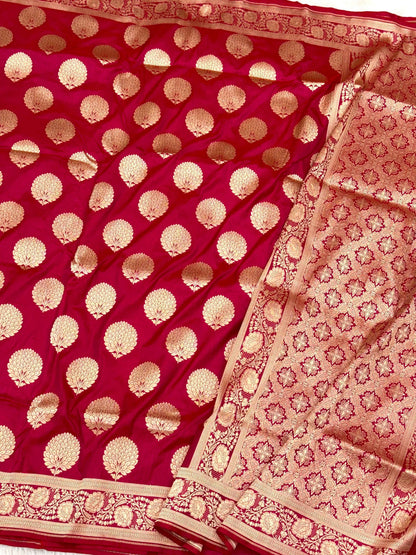 Wine Pure Katan Mulberry Silk Handwoven Modern Banarasi Saree With Kadhwa Artistry