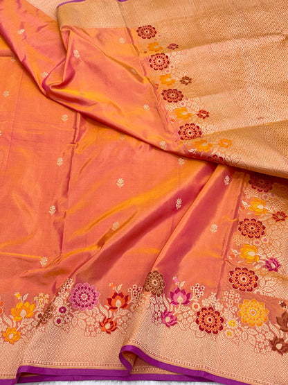 Yellowish Orange Pure Katan Silk Handwoven Banarasi Saree |Kadhuwa Weave|
