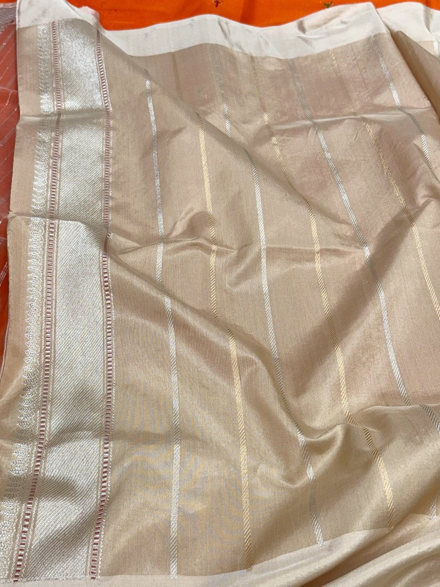 Orange Pure Kora Silk Handwoven Banarasi Saree | Authentic Banarasi Contemporary Saree