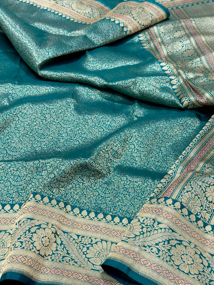 Teal Green Pure Katan Mulberry Silk Handwoven | Kadhwa Weave | Banarasi Brocade Saree
