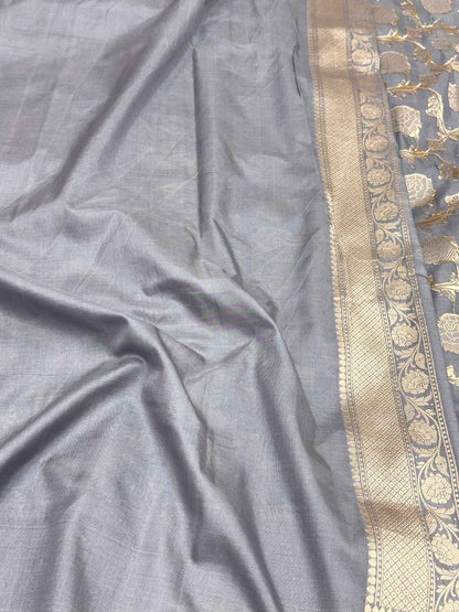 Steel Gray Pure Mulberry Katan Silk Handloom Banarasi Saree