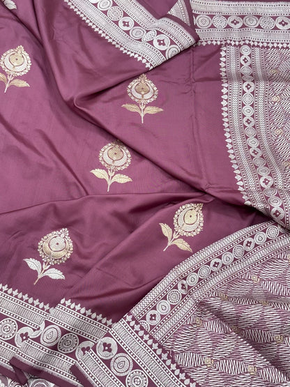 Purple Wine Pure Mulberry Katan Silk Ektara Handwoven Banarasi Saree - Kadhwa Weave