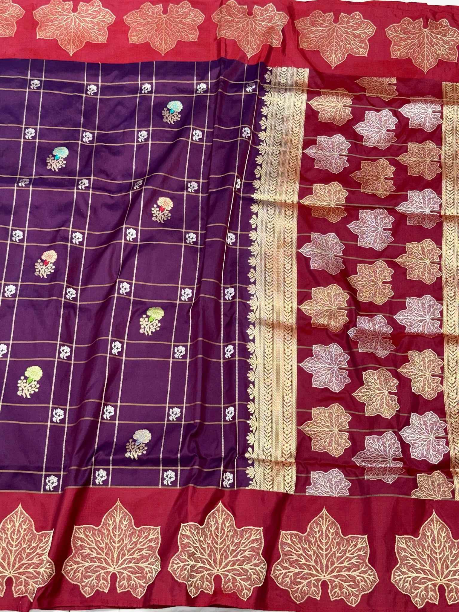 Magenta/Maroon Pure Katan Mulberry Silk | Kadhwa Technique | Handwoven Banarasi Modern Saree