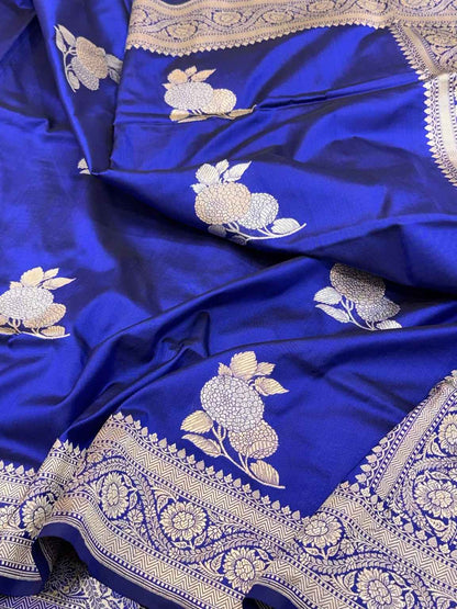 Blue Pure Mulberry Silk & Pure Katan Silk - Kadhwa Technique Handwoven Banarasi Saree