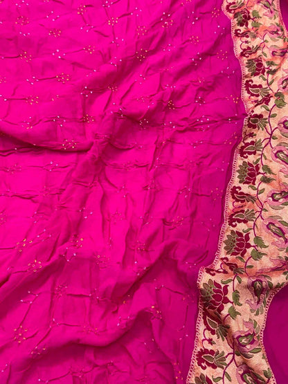 Rani Pink Handloom Banarasi Saree | Pure Chiffon Georgette Soft Drape Lightweight Bandhej Saree