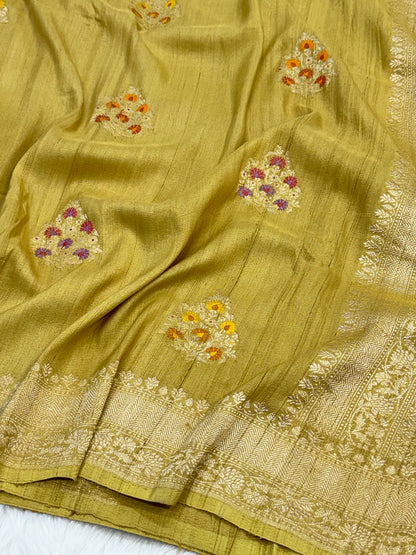 Sage Green Pure Tussar Georgette Silk Handwoven Banarasi Saree |Kadhuwa Weave|