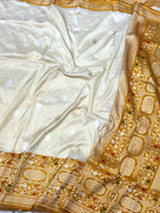 Ivory/Mustard Yellow Pure Mulberry Katan Silk & Satin border Handwoven Banarasi Saree