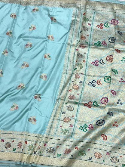Sky Blue Pure Mulberry Katan Silk Handwoven Banarasi Saree - Kadhwa Ektara Weave