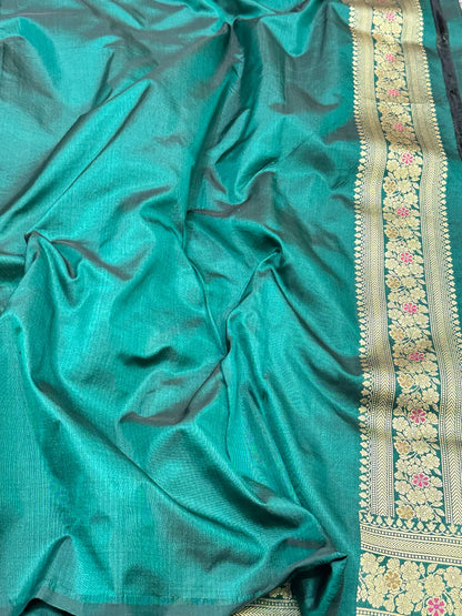 Dark Green Pure Mulberry Katan Silk Handloom Banarasi Brocade Saree - Authentic Banarasi  Meenakari Saree