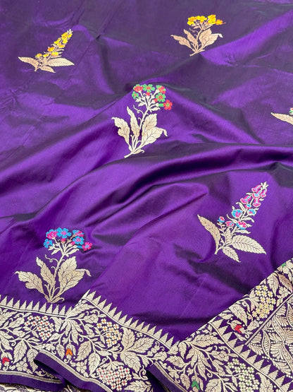 Purple Pure Mulberry Katan Silk Handwoven Banarasi Saree - Kadhwa Technique Authentic Banarasi Saree