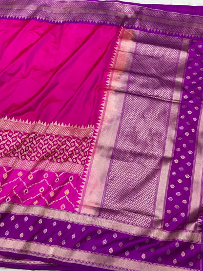 Pink Pure Mulberry Katan Silk | Ektara Kadhwa Technique | Multi Jaal Handwoven Contemporary Authentic Banarasi Saree