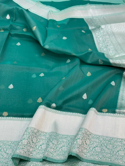 Green Pure Kora Organza Silk Handwoven Banarasi Saree