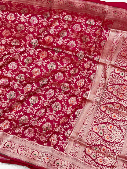 Pinkish Red Pure Katan Silk Handloom Banarasi Saree