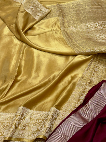 Gold Pure Mashru Satin Silk Handwoven Banarasi Saree