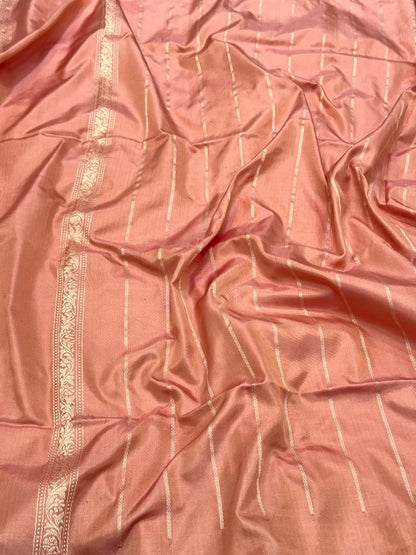 Peach Pure Mulberry Silk Saree | Kadhwa + Ektara Technique | Pure Katan Silk Handwoven Banarasi Saree