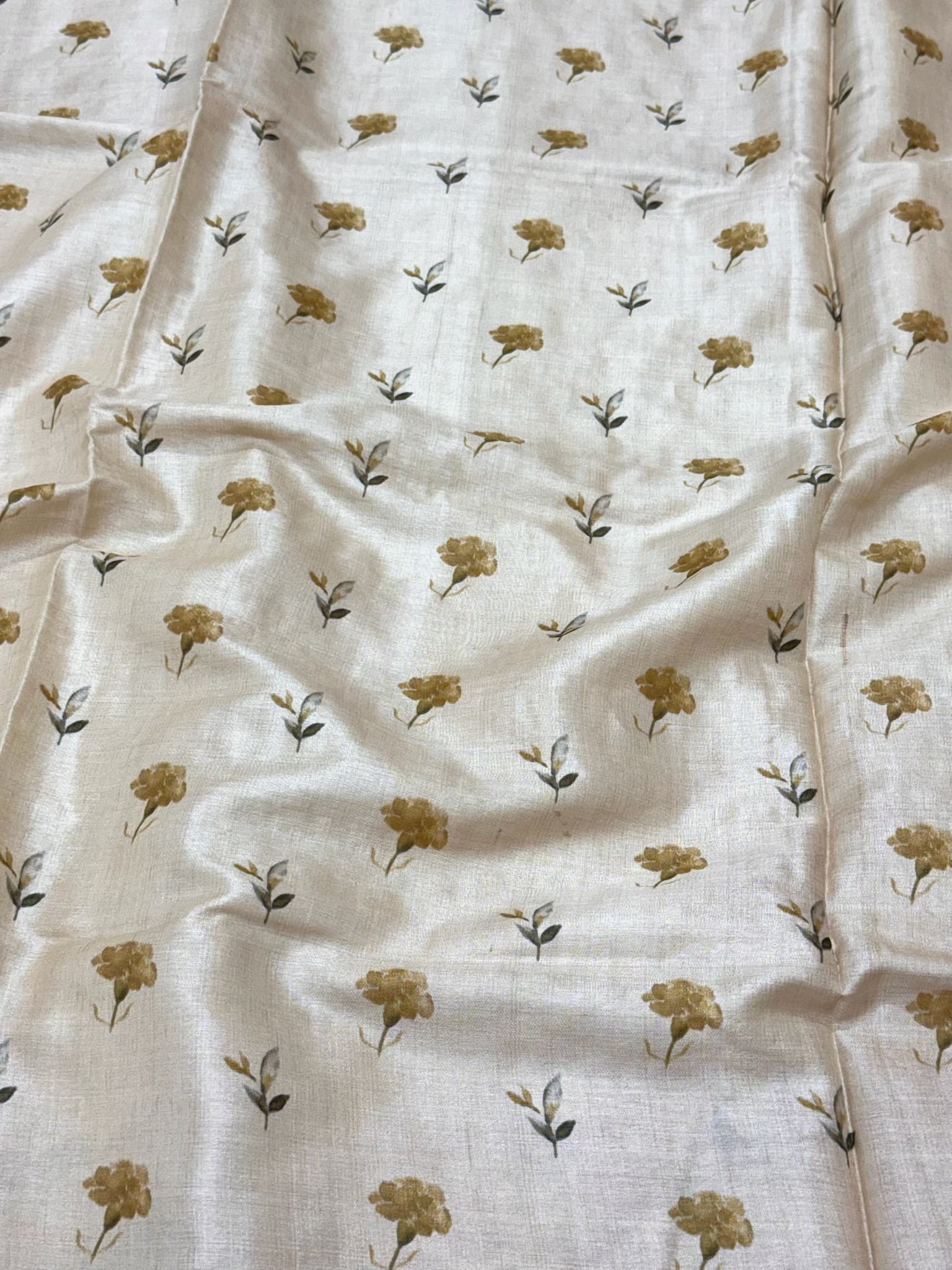 Ivory Pure Tussar Silk Handloom Printed with Embroidery Banarasi Saree - Soft Drape