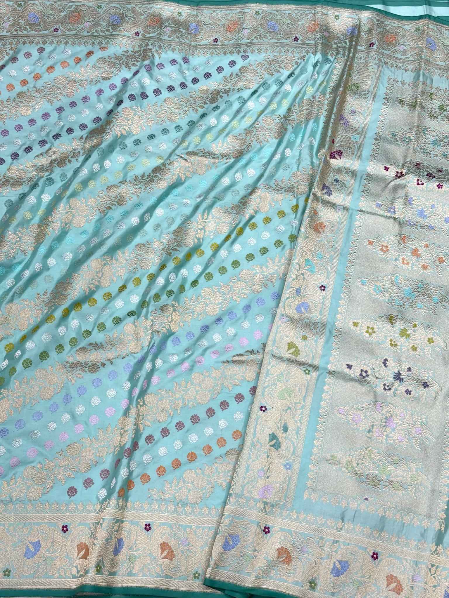 Dusty Sea Green Pure Double Katan Mulberry Silk | Kadhwa Technique | Handwoven Modern Authentic Banarasi Saree