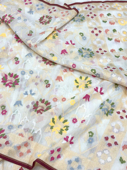 White Pure Muslin Cotton Jamdani Ektara Weave Handloom Banarasi Saree