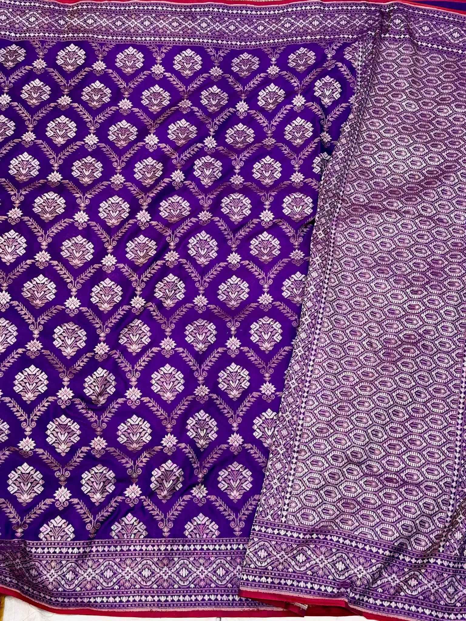 Purple Pure Mulberry Katan Silk Jamdani Handwoven Banarasi Saree- Ektara Weave