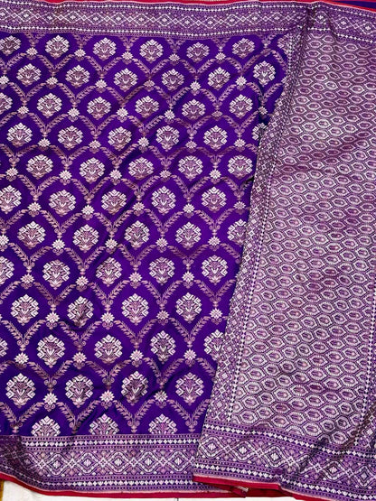Purple Pure Mulberry Katan Silk Jamdani Handwoven Banarasi Saree- Ektara Weave