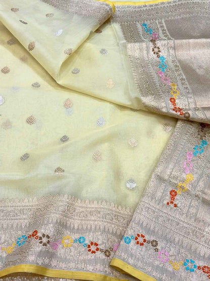 Pastel Yellow Pure Kora Silk & Pure Mulberry Silk Banarasi Saree - Kadhwa Technique
