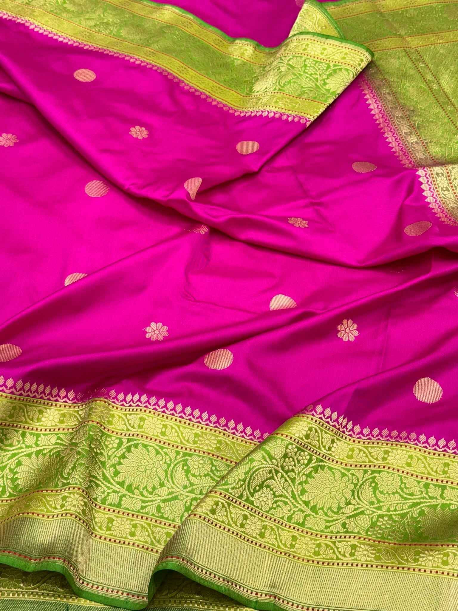 Hot Pink Pure Katan Mulberry Silk | Kadhwa Weave | Authentic Handwoven Premium Banarasi Saree