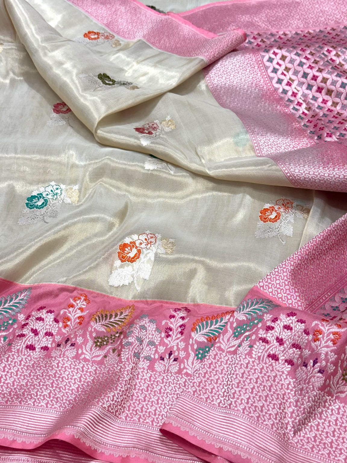 Natural Ivory 100% Pure Katan Tissue Silk Kadhwa + Kadhiyal Banarasi Saree