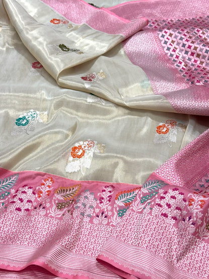 Natural Ivory 100% Pure Katan Tissue Silk Kadhwa + Kadhiyal Banarasi Saree