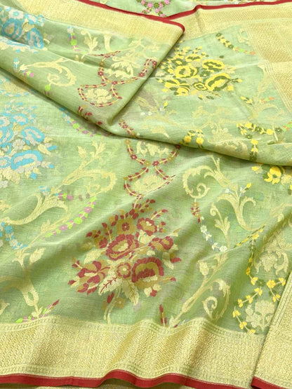 Pista Green Pure Muslin Cotton Ektara Jamdani Handloom Modern Banarasi Lightweight Saree