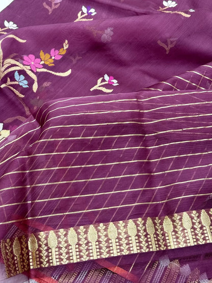 Purple Pure Kora Organza Silk Handwoven Banarasi Saree