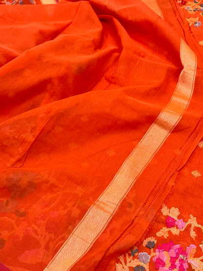 Orange Muslin Cotton Jamdani Ektara Weave Handloom Banarasi Saree