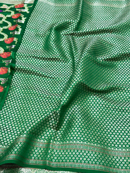 Green Pure Mulberry Chiniya Silk Meenakari  Banarasi Saree- Lightweight