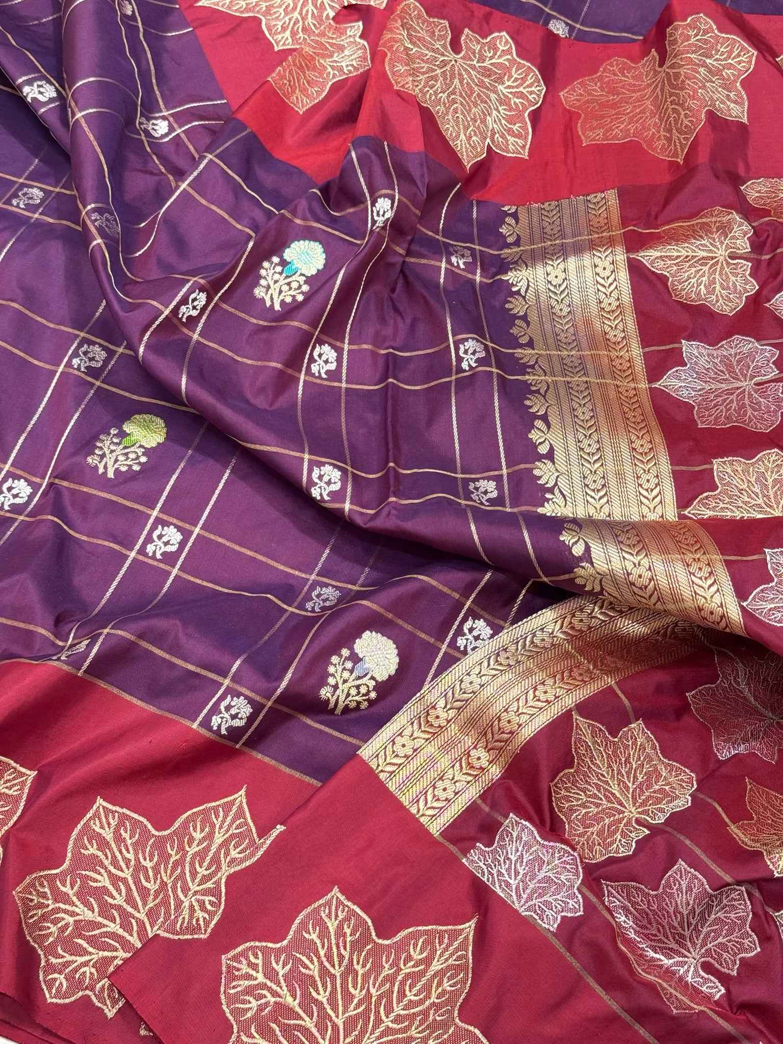 Magenta/Maroon Pure Katan Mulberry Silk | Kadhwa Technique | Handwoven Banarasi Modern Saree