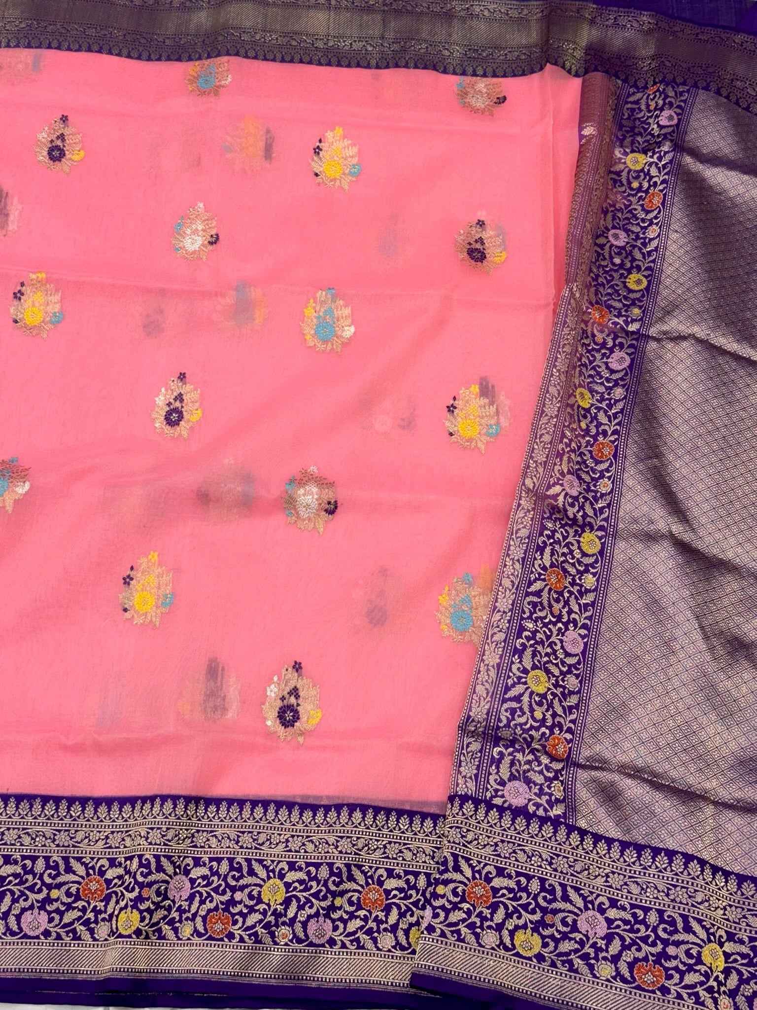 Pink/Purple Pure Mulberry Kora Silk Handwoven | Kadhwa Technique | Banarasi Saree - Effortless Drape