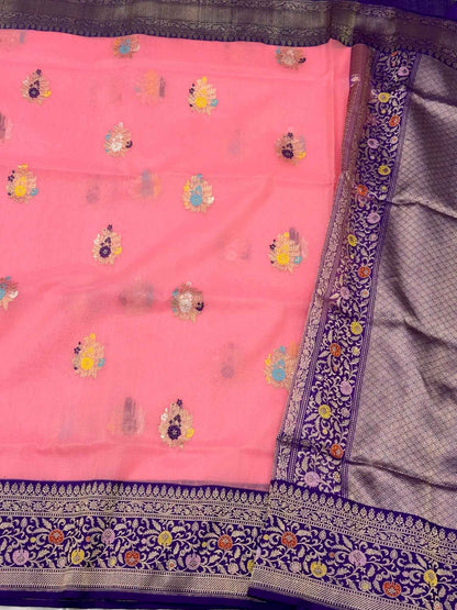 Pink/Purple Pure Mulberry Kora Silk Handwoven | Kadhwa Technique | Banarasi Saree - Effortless Drape