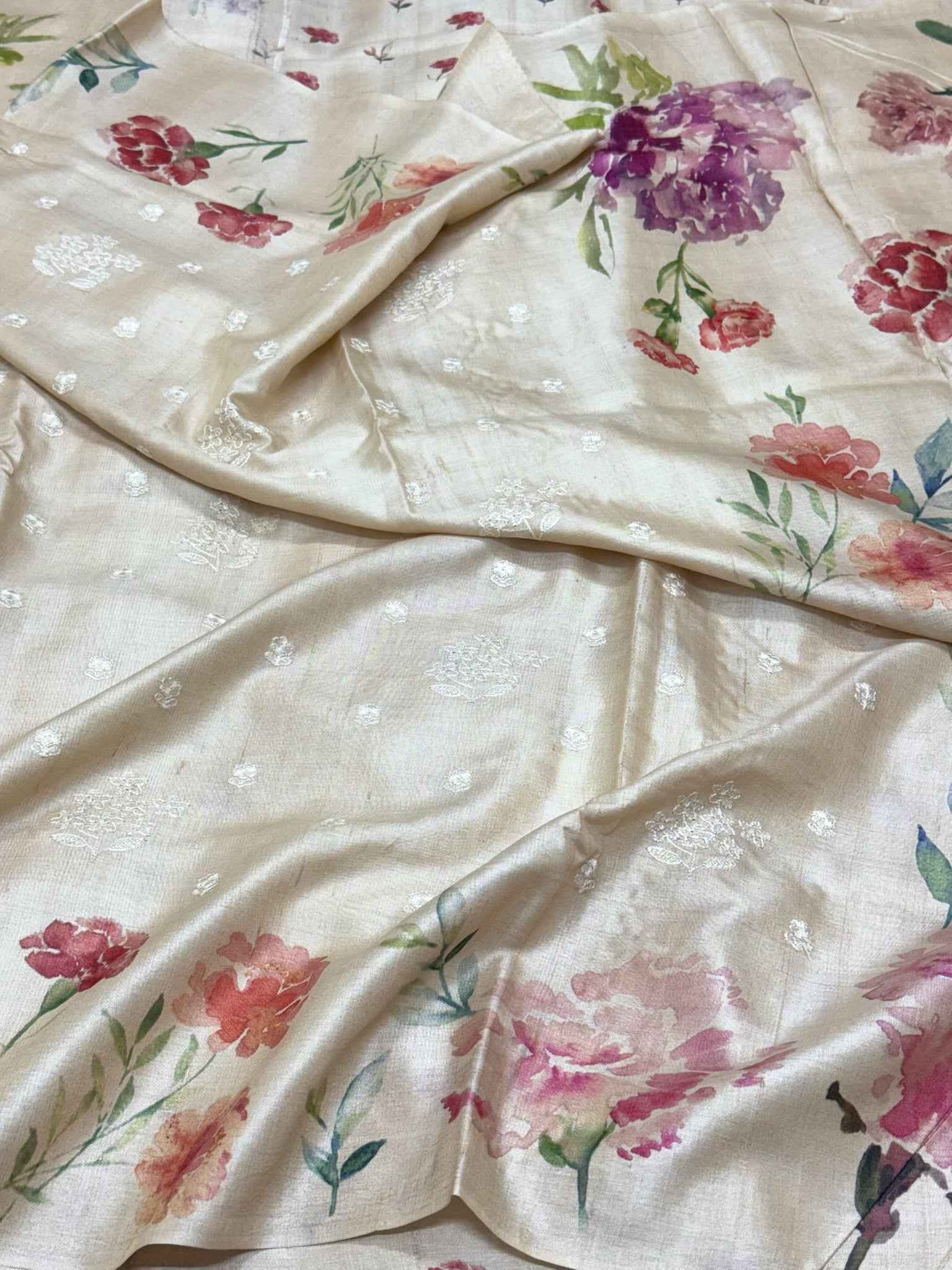 Ivory Pure Tussar Silk Handloom Printed with Embroidery Banarasi Saree - Everyday Luxury