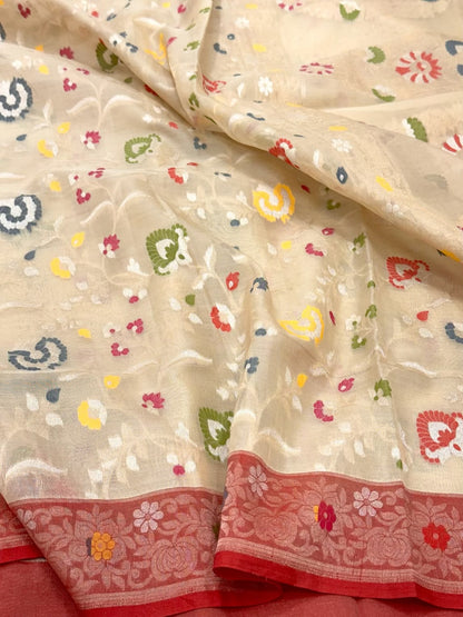 Ivory Pure Kora Silk Handwoven Banarasi Saree | Soft Drape Lightweight Banarasi Ektara Saree