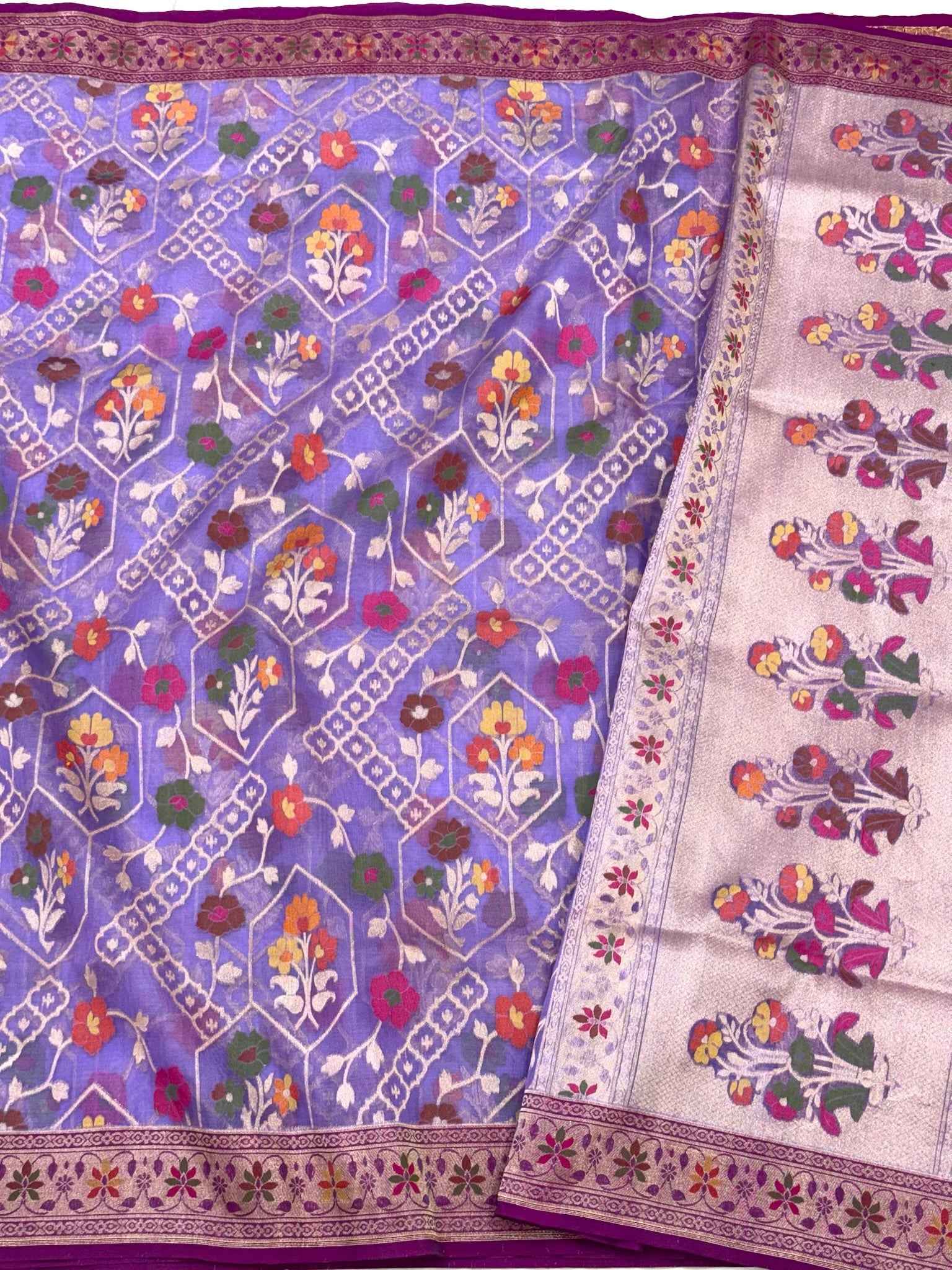 Lavender Handloom Banarasi Ektara Weave Saree | Pure Mulberry Kora Silk ( Organza ) Jamdani Banarasi Saree