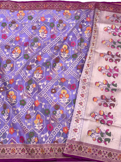 Lavender Handloom Banarasi Ektara Weave Saree | Pure Mulberry Kora Silk ( Organza ) Jamdani Banarasi Saree