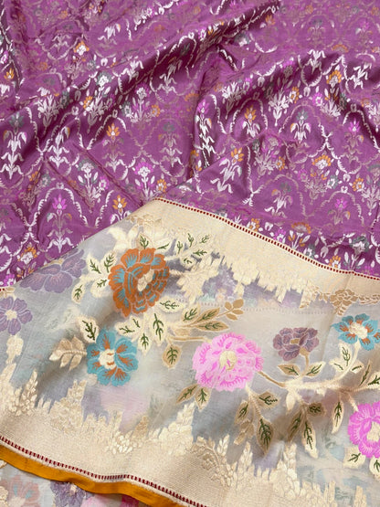 Lilac Pink Pure Mulberry Katan Silk Handwoven Banarasi Saree | Kadhwa Kadhiyal Technique | The Statement Saree