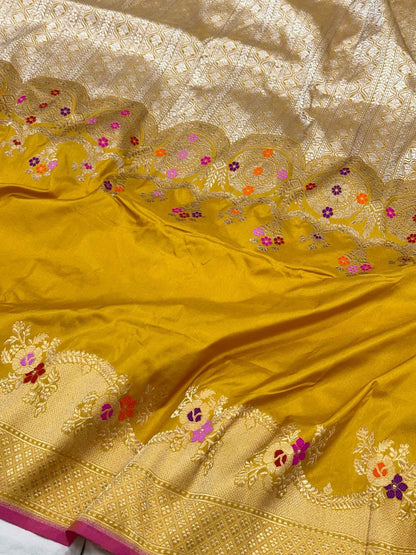 Mustard Yellow Pure Mulberry Katan Silk Handwoven Banarasi Saree - Authentic Kadhwa Technique Banarasi  BrocadeSaree