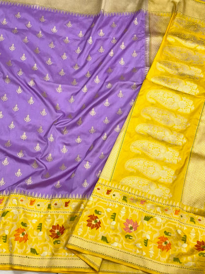 Lavender/Yellow Katan Silk Handwoven Saree