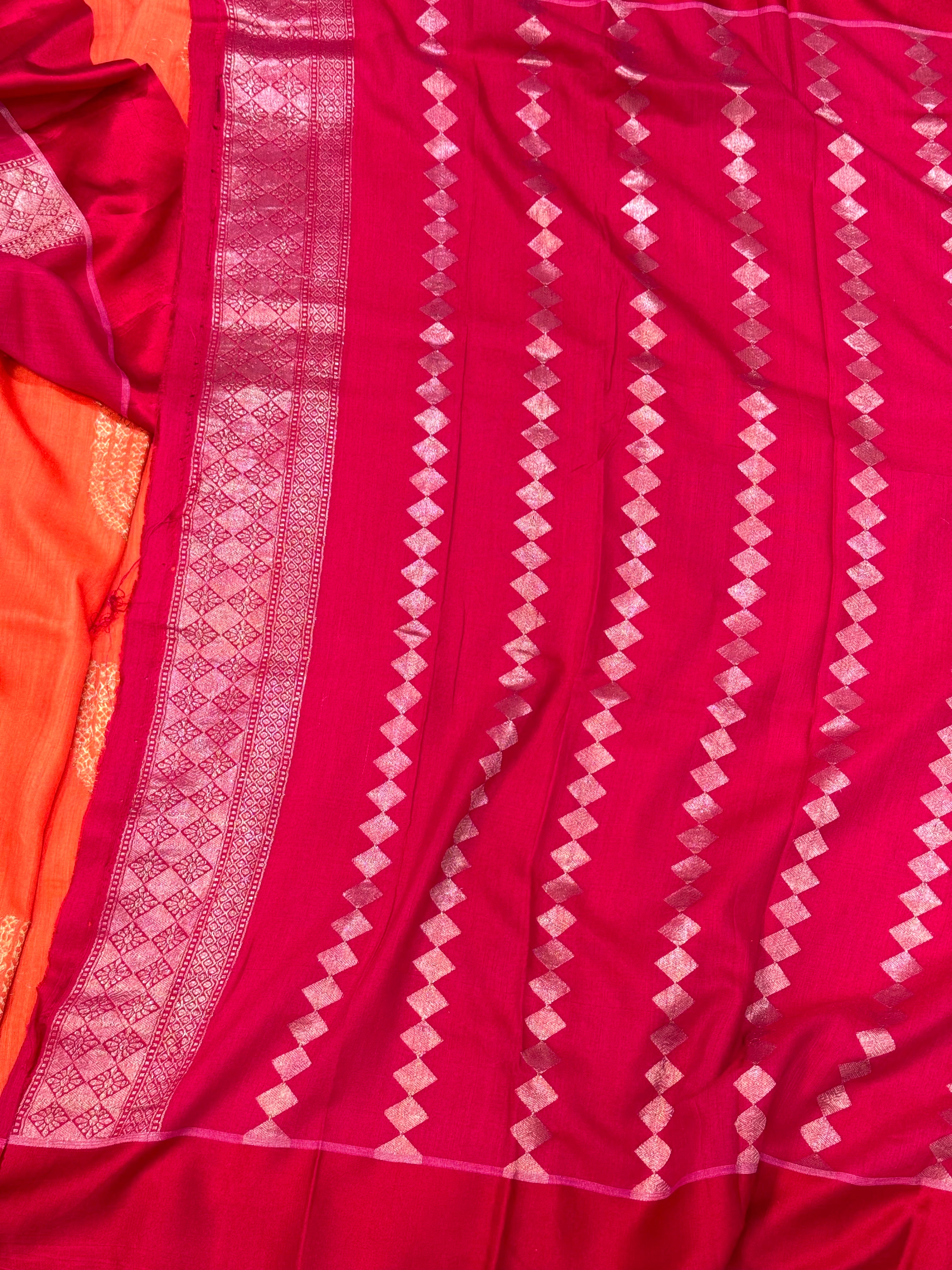 Orange Pure Mulberry Muga And Satin Silk Banarasi Saree - lightweight soft drape