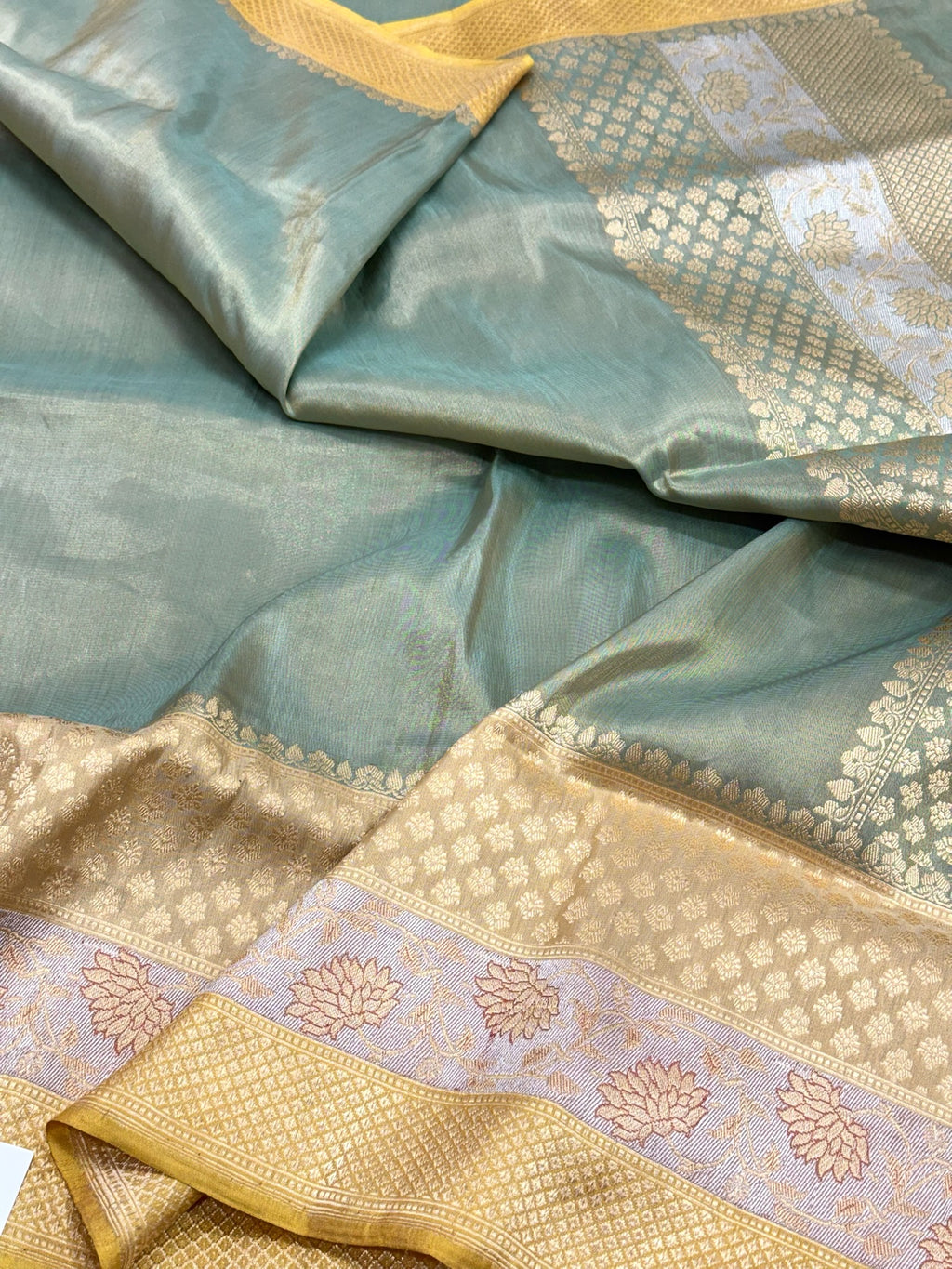 Green Pastel Double Katan Tissue  With Ektara weave Pure Handwoven Saree