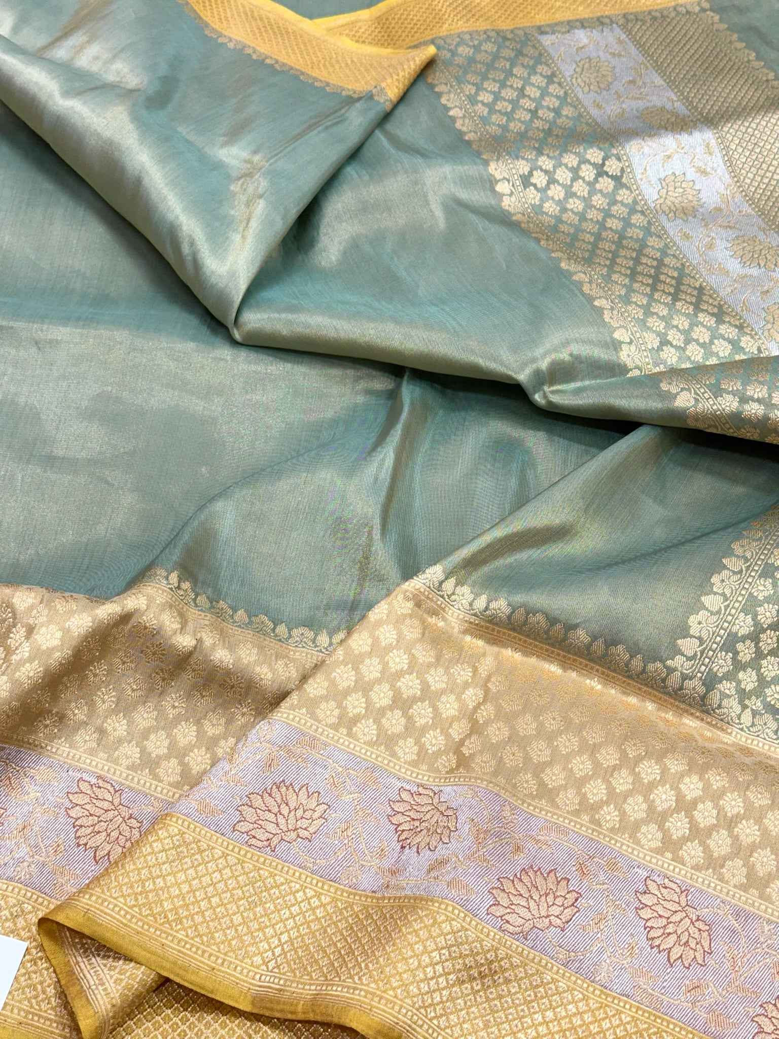 Green Pastel Double Katan Tissue  With Ektara weave Pure Handwoven Saree