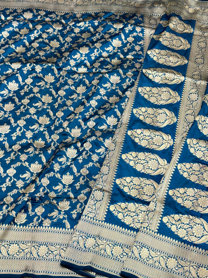 Blue Pure Mulberry Katan Silk Banarasi Handloom Saree