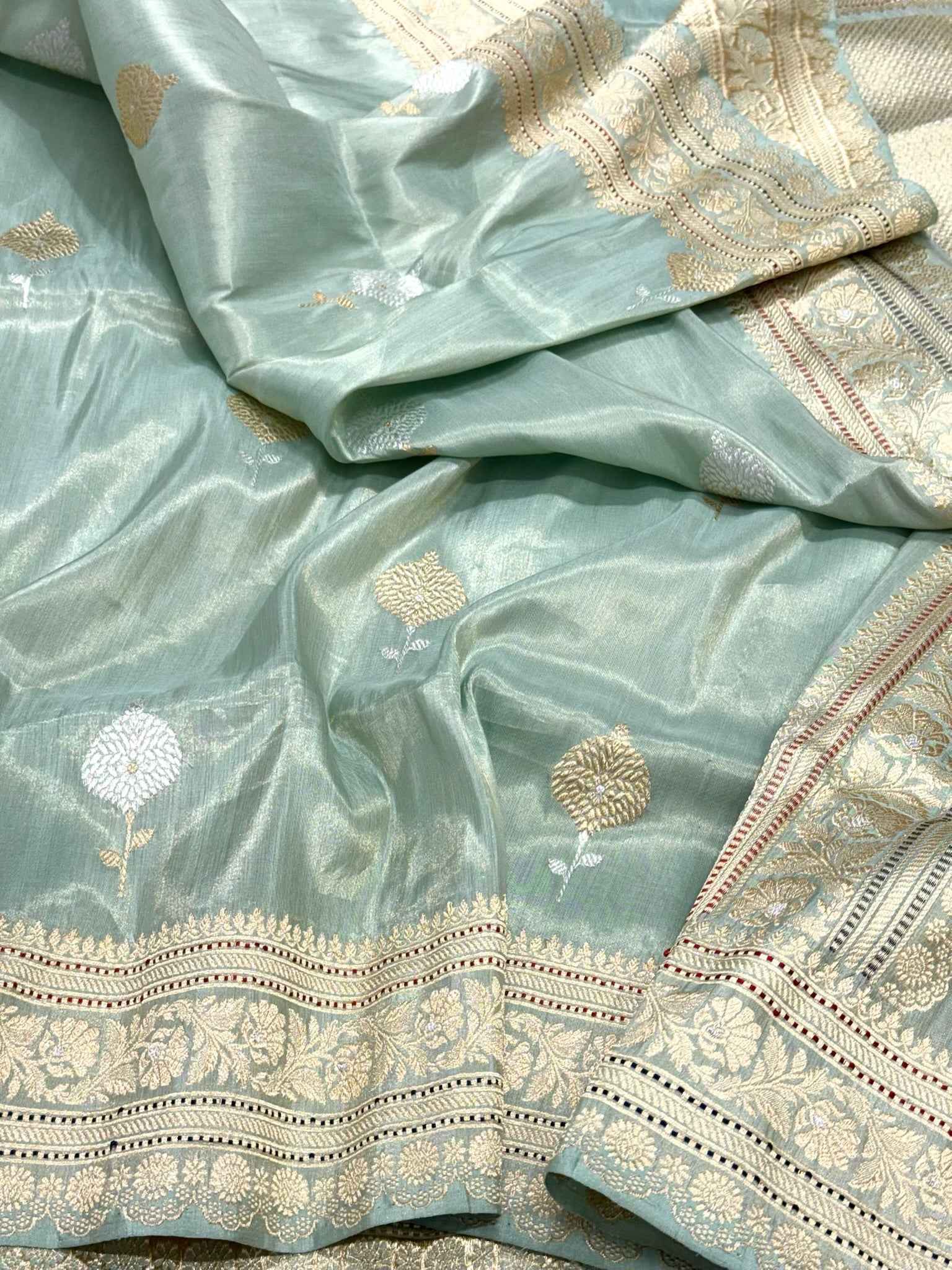 Pastel Aqua Green Handwoven | Kadhwa Technique | Pure Katan Tissue Silk Authentic Banarasi Saree