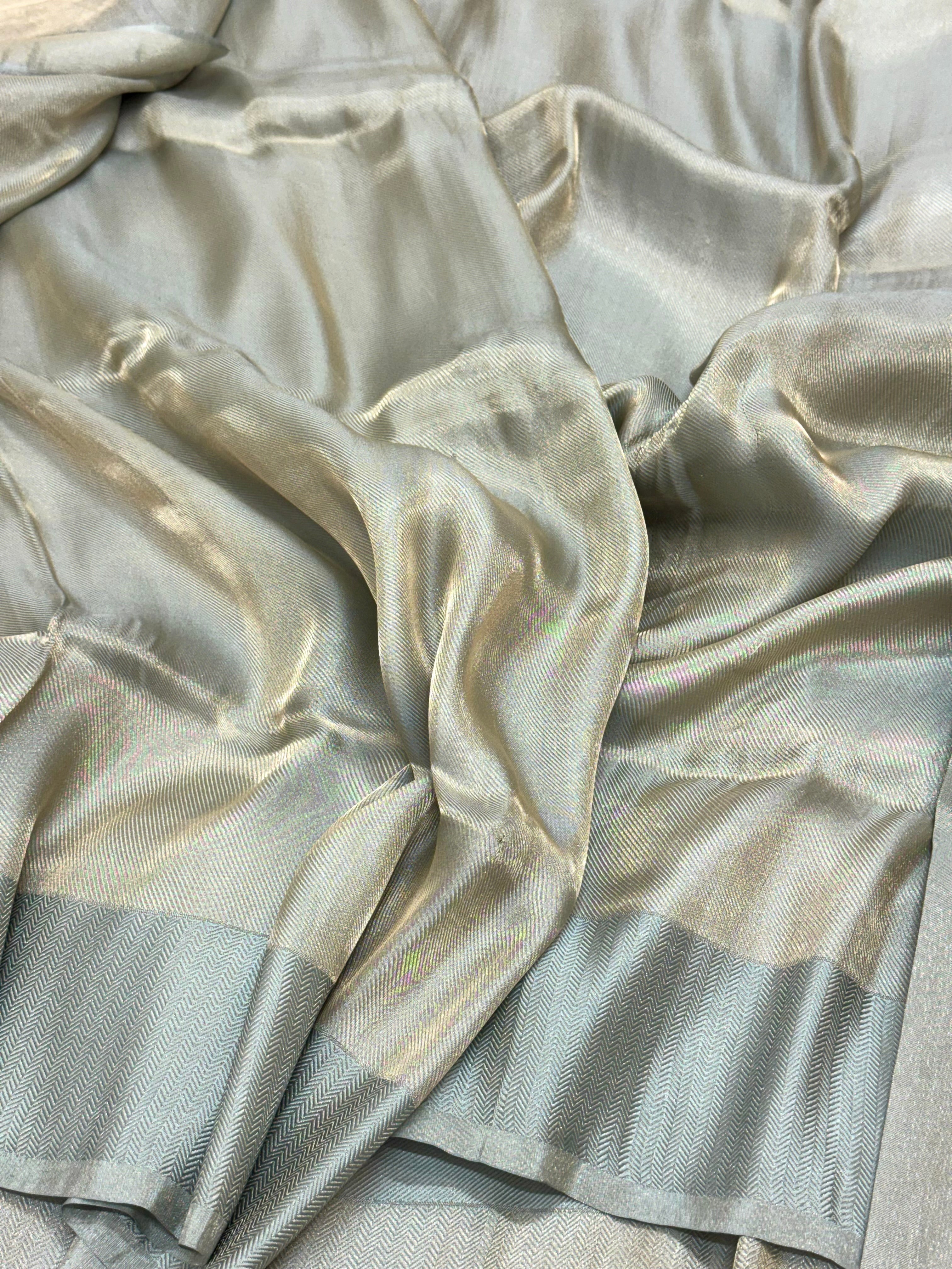 Dusty Teal Green Silk Handwoven Double Silk Tissue Contemporary Banarasi Saree