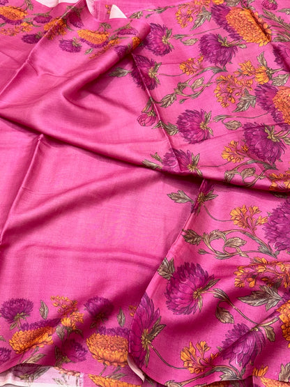 Fluorescent Pink Pure Tussar Silk Handloom Printed Banarasi Saree - Soft Lightweight Banarasi Saree