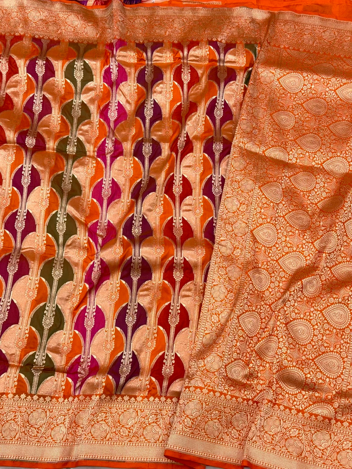 Orange Pure Katan Silk & Pure Mulberry Silk Rangkaat Handloom Modern Banarasi Saree